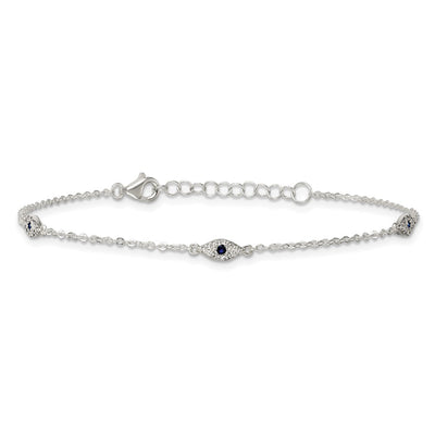 Sterling Silver Polished Blue and White CZ Evil Eye with Extension Bracelet