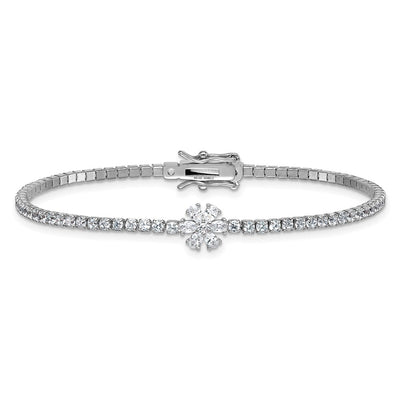 Sterling Silver Rhodium-plated Polished CZ Flower Tennis Bracelet