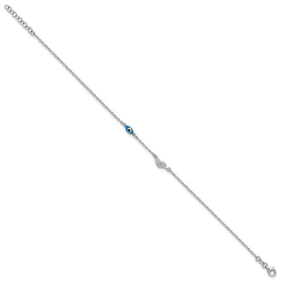 Sterling Silver Rhodium-plated Glass Evil Eye 3-Station with Extension Anklet