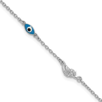 Sterling Silver Rhodium-plated Glass Evil Eye 3-Station with Extension Anklet
