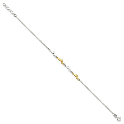 Sterling Silver with Gold-tone Polished Dolphins with Extension Anklet