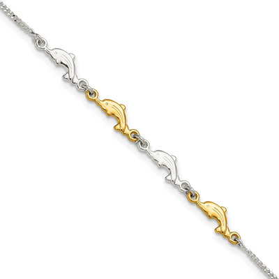 Sterling Silver with Gold-tone Polished Dolphins with Extension Anklet