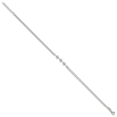 Sterling Silver Polished Beaded Double Strand with Extension Anklet, 10 x 5mm