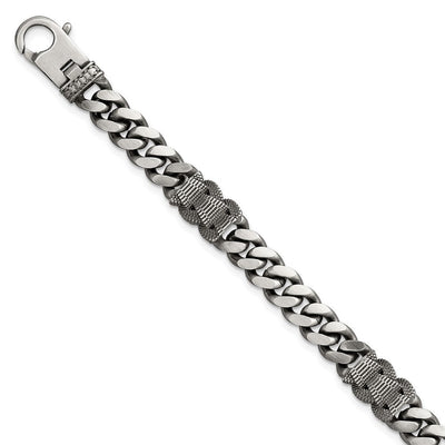 Sterling Silver Black Ruthenium-plated Brushed and Textured Fancy Flat Curb Chain Mens Necklace