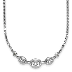 Sterling Silver Rhodium-plated Puffed Mariner Center with Side CZs with Extender Necklace (Style QG6921-16)