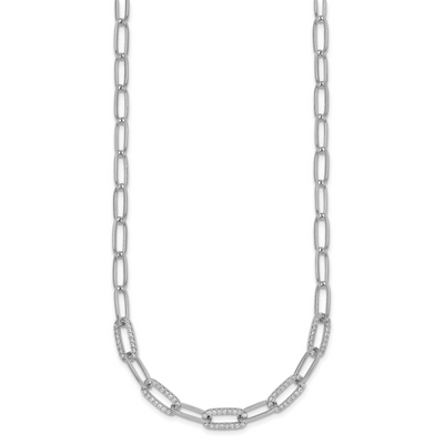 Sterling Silver Rhodium-plated Polished Fancy CZ Paperclip Chain Necklace