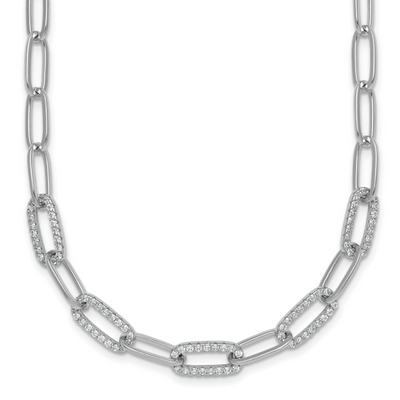 Sterling Silver Rhodium-plated Polished Fancy CZ Paperclip Chain Necklace