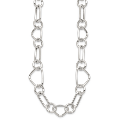 Sterling Silver Polished Triangle Round and Oval Link with extender Necklace