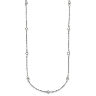 Sterling Silver Polished and Beaded CZ with Extension Necklace