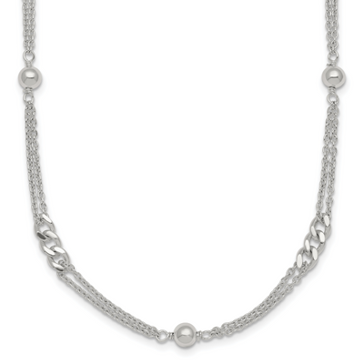 Sterling Silver Polished and Beaded Fancy Double-Strand Link, 17.5 x 1mm
