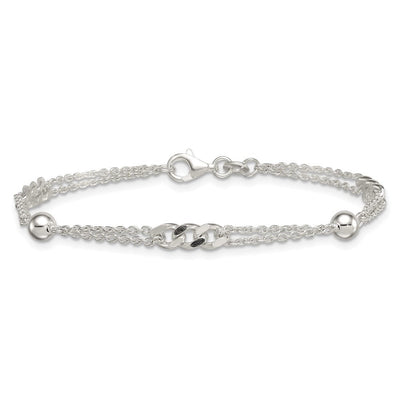 Sterling Silver Polished and Beaded Fancy Double-Strand Link, 17.5 x 1mm