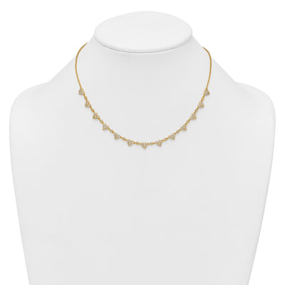 Sterling Silver Gold-tone Polished Pavé CZ Hearts with Extension Necklace