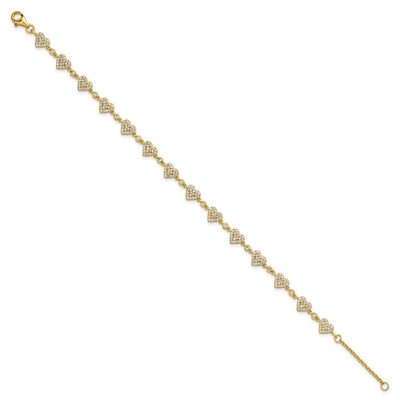 Sterling Silver Gold-tone Polished Pavé CZ Hearts with Extension Necklace