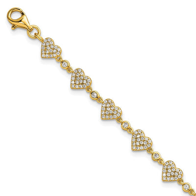 Sterling Silver Gold-tone Polished Pavé CZ Hearts with Extension Necklace