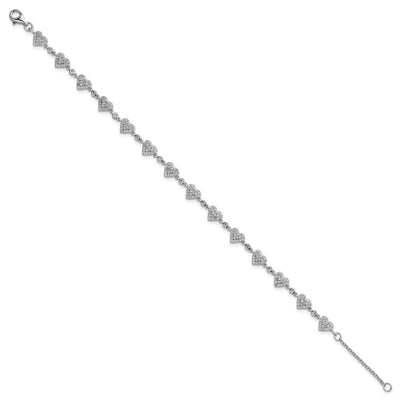 Sterling Silver Rhodium-plated Polished Pavé CZ Hearts with Extension Bracelet