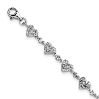Sterling Silver Rhodium-plated Polished Pavé CZ Hearts with Extension Bracelet