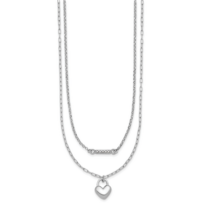 Sterling Silver Rhodium-plated CZ Puffed Heart with extender 2-strand Necklace