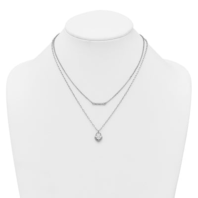 Sterling Silver Rhodium-plated CZ Puffed Heart with extender 2-strand Necklace