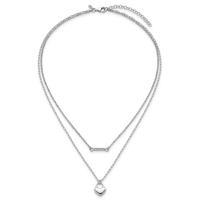 Sterling Silver Rhodium-plated CZ Puffed Heart with extender 2-strand Necklace