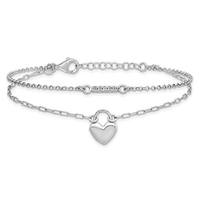 Sterling Silver Rhodium-plated CZ Puffed Heart with extender 2-strand Necklace