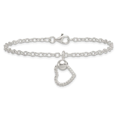 Sterling Silver Polished and Twisted Heart Dangle Cable Chain Necklace