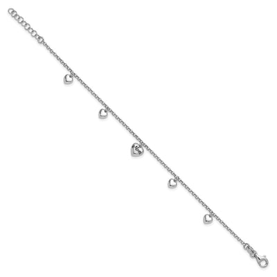 Sterling Silver Rhodium-plated Black Enameled MOM Puffed Heart with Heart Charms with extension Bracelet