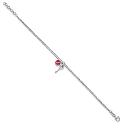 Sterling Silver Rhodium-plated Two-strand Red Enameled Heart Lock and Key with extension Bracelet