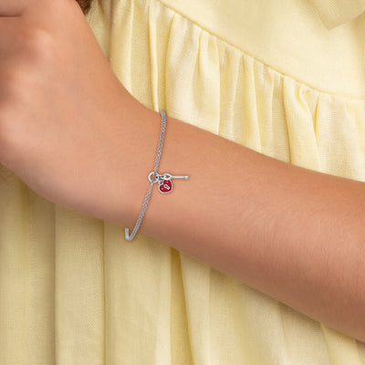 Sterling Silver Rhodium-plated Two-strand Red Enameled Heart Lock and Key with extension Bracelet
