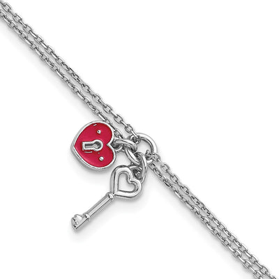 Sterling Silver Rhodium-plated Two-strand Red Enameled Heart Lock and Key with extension Bracelet