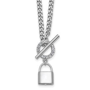 Sterling Silver Rhodium-plated CZ with extender Lock Pendant Toggle Necklace (Style QG6965-16)