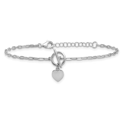 Sterling Silver Rhodium-plated Polished Heart Dangle Paperclip Link with Extension Bracelet