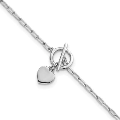 Sterling Silver Rhodium-plated Polished Heart Dangle Paperclip Link with Extension Bracelet