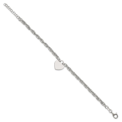 Sterling Silver Polished Fancy Engravable Heart Disc on Rope Chain with Extension Necklace