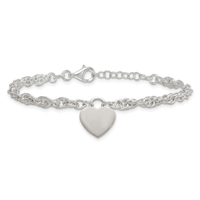 Sterling Silver Polished Fancy Engravable Heart Disc on Rope Chain with Extension Necklace