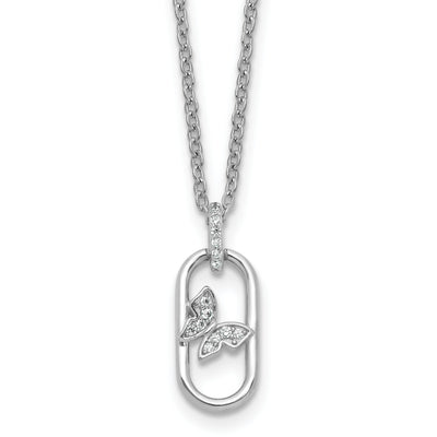 Sterling Silver Rhodium-plated CZ Oval with Butterfly with Extension Necklace