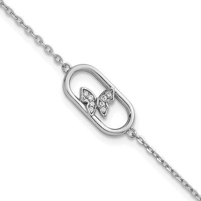Sterling Silver Rhodium-plated CZ Oval with Butterfly with Extension Necklace