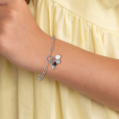 Sterling Silver Rhodium-plated Stars and White Freshwater Cultured Pearl and Black Acrylic Bead with Extender Paperclip Bracelet
