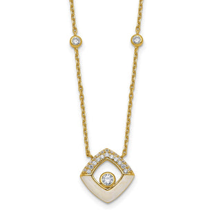 Sterling Silver Gold-tone CZ and Champagne Enamel Square with 1. Extension Necklace (Style QG6978GP-16)