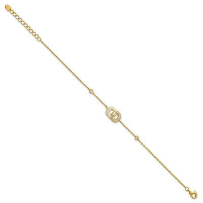 Sterling Silver Gold-tone CZ and Champagne Enamel Rectangle with Extension Necklace