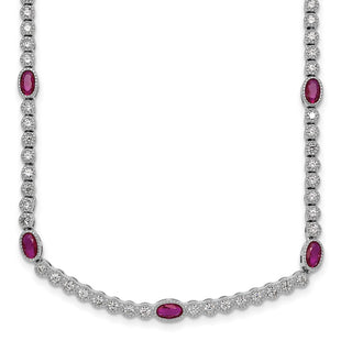 Sterling Silver Rhodium-plated Polished and Beaded Fancy Oval Red and Round White CZ Necklace (Style QG6996-17)