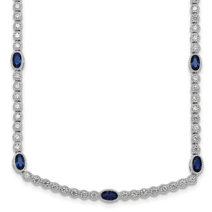 Sterling Silver Rhodium-plated Polished and Beaded Fancy Oval Blue and Round White CZ Necklace (Style QG6997-17)