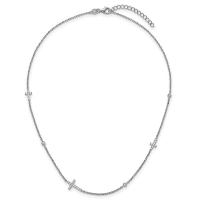 Sterling Silver Rhodium-plated Polished Three CZ Crosses and 3 Round CZ Stations with Extender Necklace