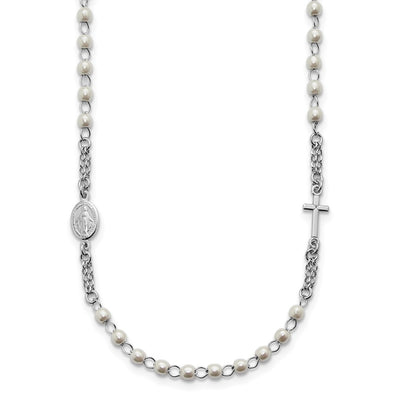 Sterling Silver Rhodium-plated Plastic Imitation Pearl with extender Rosary Themed Necklace