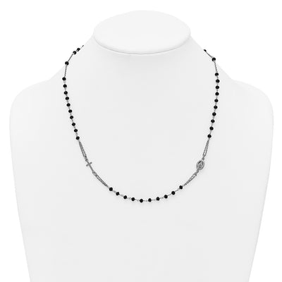 Sterling Silver Rhodium-plated Black Crystal with extender Rosary Themed Necklace