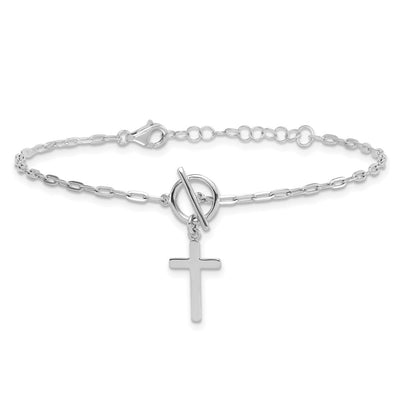 Sterling Silver Rhodium-plated Polished Cross Dangle Paperclip Link with Extension Bracelet