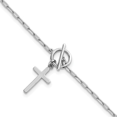 Sterling Silver Rhodium-plated Polished Cross Dangle Paperclip Link with Extension Bracelet