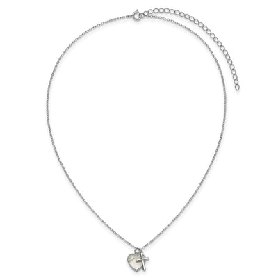 Sterling Silver Rhodium-plated Polished Mother of Pearl Heart and CZ Cross with Extension Children's Necklace