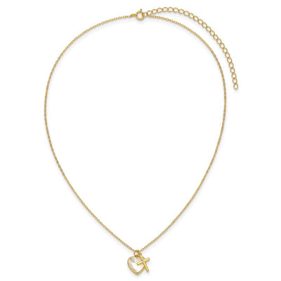 Sterling Silver Gold-tone Polished Mother of Pearl Heart and CZ Cross with Extension Children's Necklace