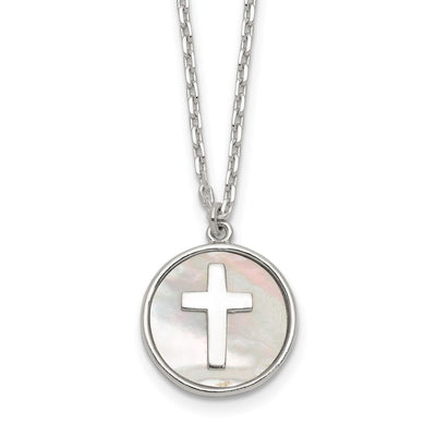 Sterling Silver Polished Mother Of Pearl Circle with Cross Necklace