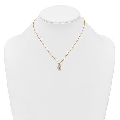 Sterling Silver Gold-plated CZ and White Enamel Miraculous Medal with extender Necklace